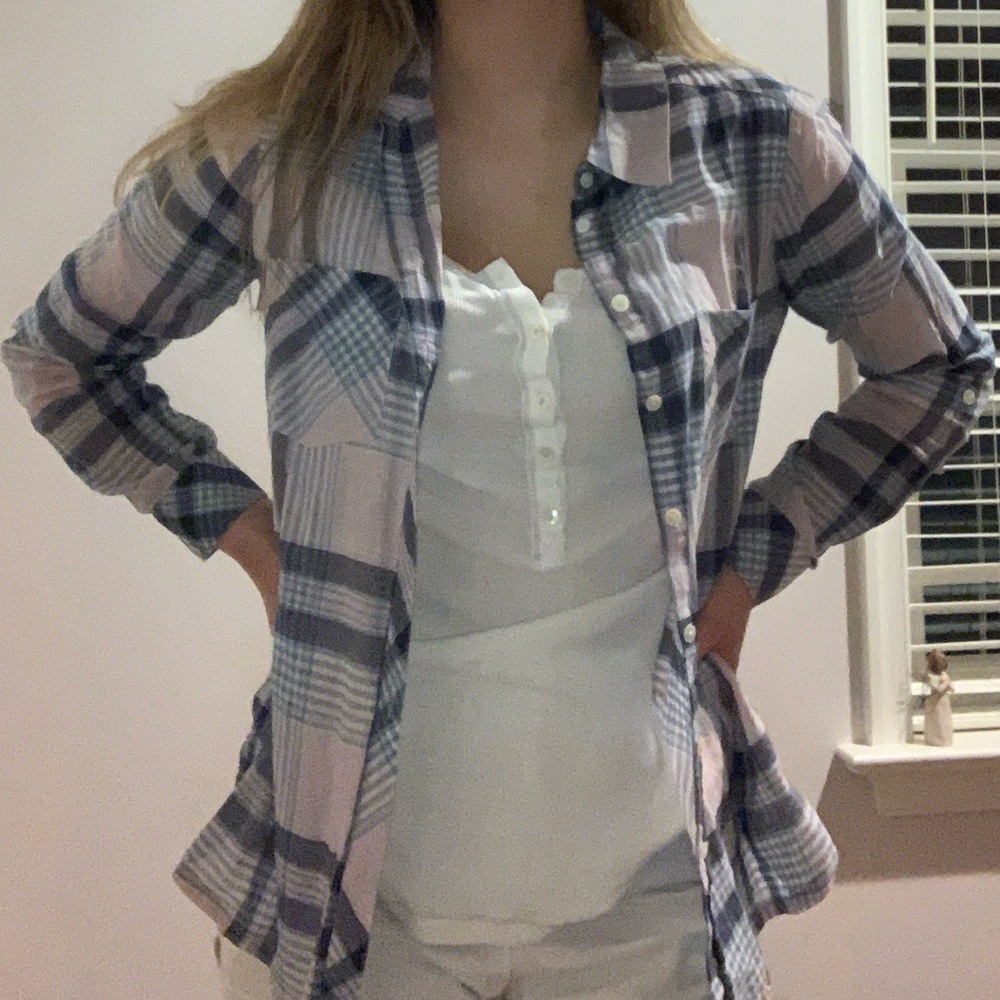 US XS soft blue white pink plaid button up